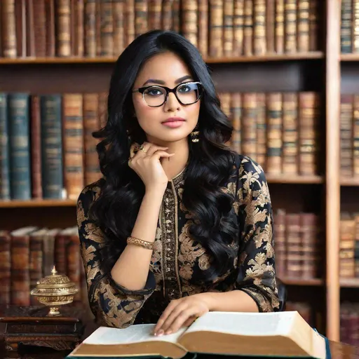 Prompt: RAW photo, pretty young Indonesian woman, 25 year old, (round face, high cheekbones, almond-shaped brown eyes, epicanthic fold, small delicate nose, long wavy black hair, glasses), perfect hourglass figure, brocade blouse, black pencil skirt, sitting on ornate chair, stack of books, library, masterpiece, intricate detail, hyper-realistic, photorealism, award–winning photograph, shot on Fujifilm XT3