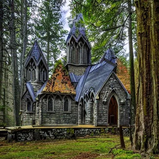 Prompt: The exterior of a fantasy church that is gothic and open concept with the forest