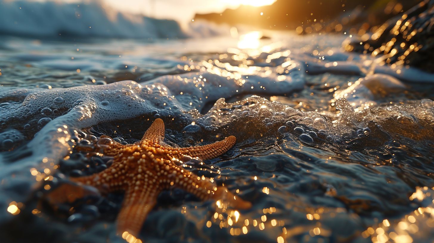 Prompt: 3D render of a picturesque beach scene, where a radiant starfish is partially submerged in gentle waves. As the lower half touches the water, it seems to fragment into a plethora of tiny particles. Above, a peculiar distortion in the water provides a vantage point to a horizon illuminated by the soft glow of evening, with faint silhouettes in the distance.