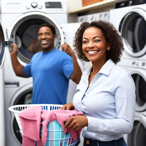 Prompt: very happy  african american executive in a laundry. 