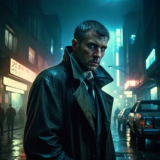 Prompt: Surrealism Mysterious strange fantasy: a cruel detective from the film adaptation of “Blade Runner” in an extreme situation in the city at night. gloomy atmosphere. androids. detailed masterpiece. 