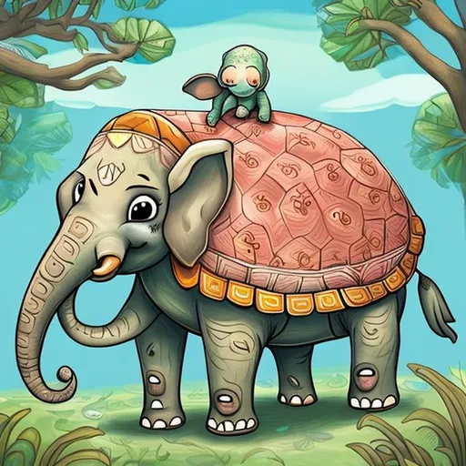 Prompt: Elephant-turtle hybrid, 
in Children’s book 
illustration style