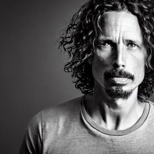 Prompt: photo realistic portrait of {Chris Cornell}, centered in frame, facing camera, symmetrical face, ideal human, 85mm lens,f8, photography, ultra details, natural light, light background, photo, Studio lighting