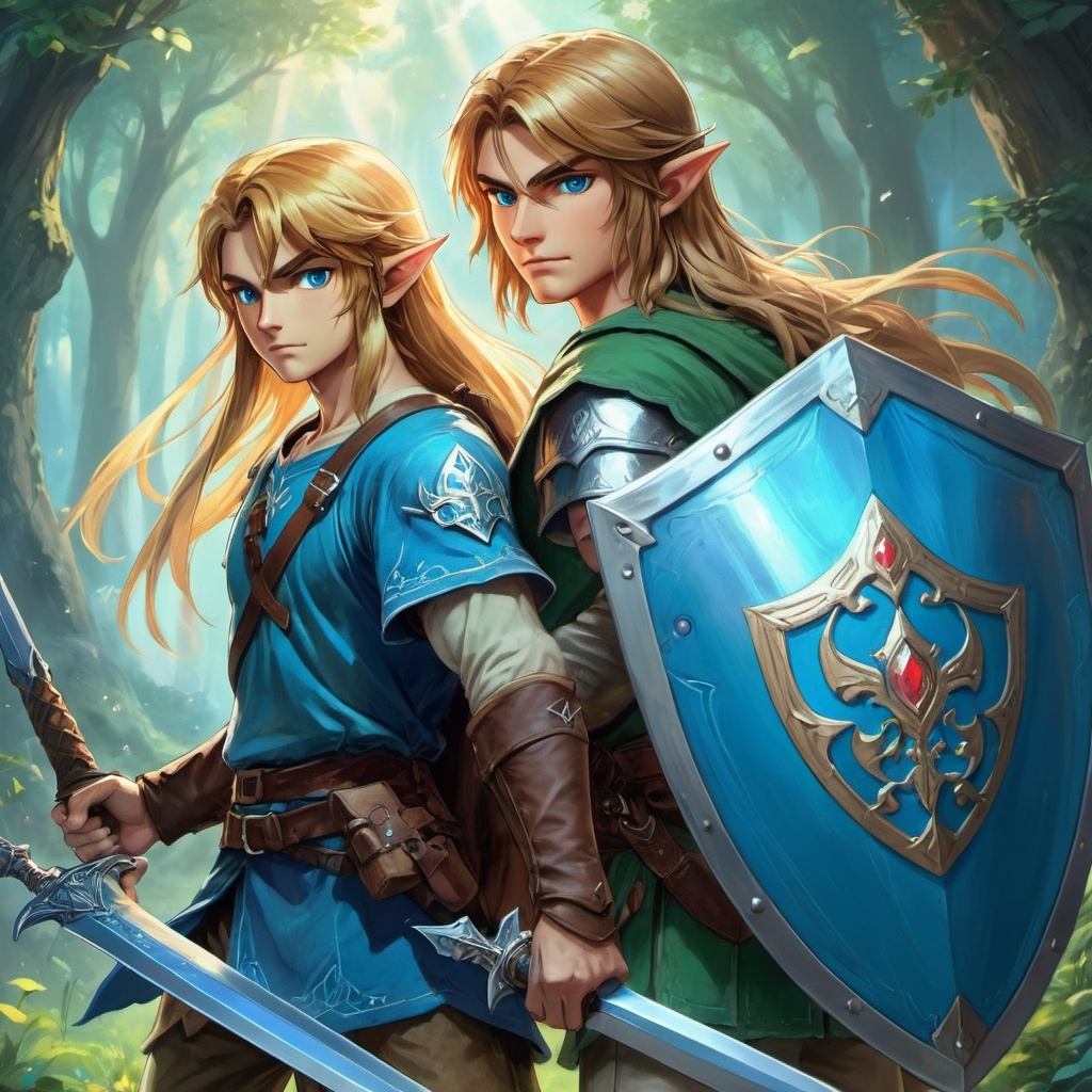 Handsome Link with long hair holding a sword and shield accompanied by a light blue fairy detaile