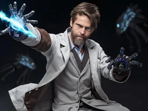 Prompt: male, brown hair with a grey streak, brown beard stubbles, blue eye, robotic right arm and leg, wearing a labcoat, young, hitting a copy of himself