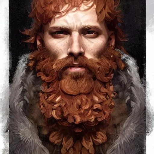 Prompt: Portrait of male Druid with ginger hair and beard, and with handsome face, forest, perfect composition, hyperrealistic, super detailed, 4k, high quality, trending art, trending on artstation, sharp focus, studio photo, intricate details, highly detailed, by greg rutkowski