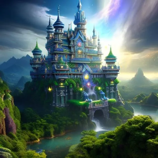 Prompt: {{{{highest quality absurdres best award-winning masterpiece}}}} {{best octane rendered stylized splashscreen trailer digital game art}}, epic cinematic landscape of hyperrealistic intricately hyperdetailed wonderful stunning beautiful lush green floating fantasy sky islands with a hyperrealistic intricately hyperdetailed perfect thin tall distant castle, in {{hyperrealistic intricately hyperdetailed perfect 128k highest resolution definition fidelity UHD HDR}},
hyperrealistic intricately hyperdetailed perfect wonderful natural stunning waterfalls and voluminous clouds,
hyperrealistic perfect epic cinematic composition with perfect vibrant colors and perfect shadows, perfect professional sharp focus RAW photography with ultra realistic perfect volumetric dramatic soft 3d lighting, trending on instagram artstation with perfect epic cinematic post-production --q 15 --s 200000