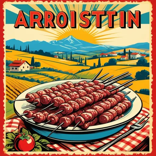 Prompt: Pop art style vintage advertisement (arrosticini), picturesque Abruzzo countryside, vibrant colors, retro fonts, bold outlines, sunlit landscape, rustic charm, lively agriculture, playful composition, nostalgic feel, cultural heritage, gourmet food depiction, high detail, artistic unevenness, warm ambiance, captivating design, visually striking, enticing presentation, appealing to food enthusiasts, high resolution, classic advertisement style.