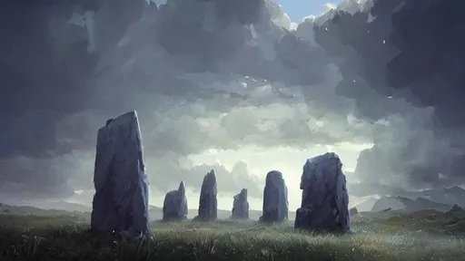 Prompt: fantasy concept art by greg rutkowski of mysterious monoliths with pure geometry and glowing blue lighting in a field, bright cloudy sky, new zeland, gestural oil painting style, backlit, cinematographic morning light, artstation hq, 