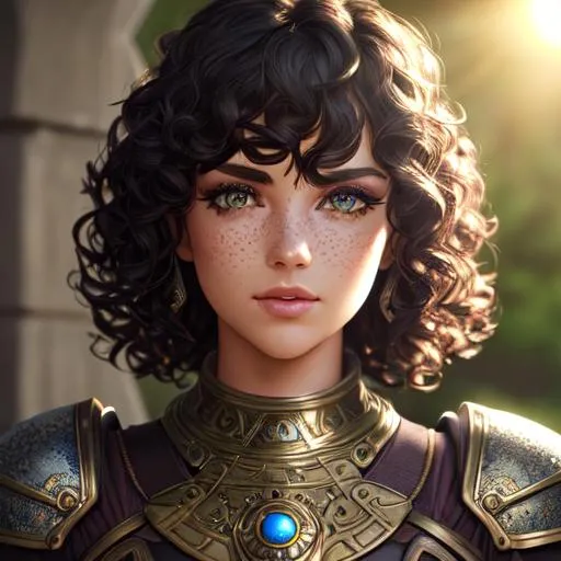 Prompt: cinematic shot, dnd, detailed face, detailed eyes, full eyelashes, detailed interior, ultra detailed accessories, short curly hair, bangs, freckles, 

((sunshine, very strong sunlight on face, cinematic lighting, volumetric lighting, beautiful shading, head light, back light, natural light, ray tracing, symmetrical)), (((masterpiece, professional, professional illustration))), Fantasy style,

UDR, HDR, 64k, masterpiece