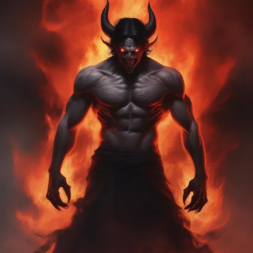 Prompt: stern, realistic, black hair, grey skin, red demon eyes, fire background, hell, souls in background,  illusions, warm colors, demon,  power, high definition, professional