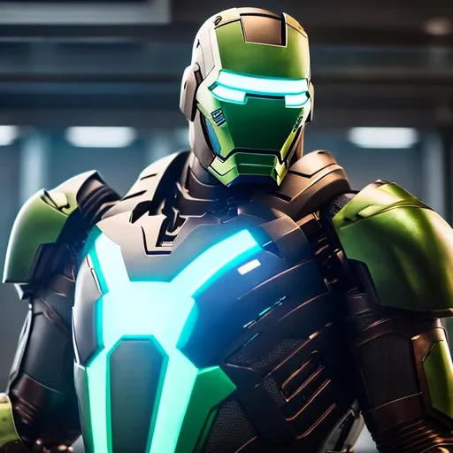 Prompt: Front of wicked green Ironman armor in high tech lab, long shot scenic professional photograph of {research lab}, perfect viewpoint, highly detailed, wide-angle lens, perfect composition, hyperrealistic, super detailed, 8k, high quality, trending art, trending on artstation, sharp focus, studio photo, intricate details, highly detailed, tron style suit.