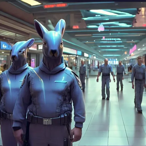 Prompt: Wombat security guards in a busy alien mall, widescreen, infinity vanishing point, galaxy background, surprise easter egg