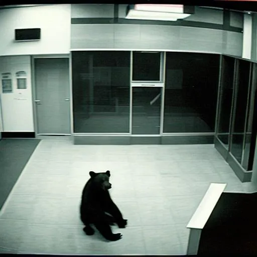 Prompt: an CCTV footage of a bear inside a empty bank surveillance, security footage, dashcam, black-and-white fuzzy, early digital photgraphy