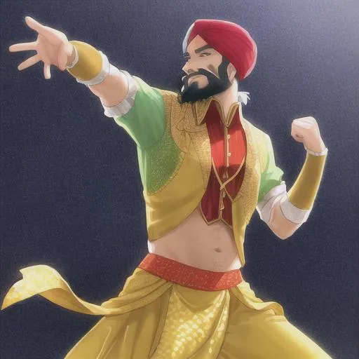 Prompt: Male bearded Bhangra dancer, anime, hyperrealism, traditional Bhangra attire