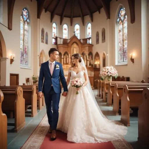 Prompt: Young beautiful bride and groom in a church, flower decorations, high quality, elegant, romantic, traditional, detailed lace gown, handsome groom in classic suit, soft pastel tones, warm lighting