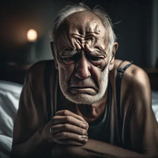 Prompt: portrait photo of a old man crying, Tattles, sitting on bed, guages in ears, looking away, serious eyes, 50mm portrait photography, hard rim lighting photography–beta –ar 2:3 –beta –upbeta