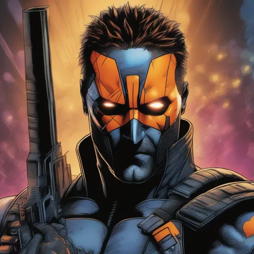 Prompt: A striking portrayal of Gerard Butler as Deathstroke, his battle-hardened face partially illuminated by the glow of neon lights. His mask is raised, revealing his stern expression and rugged features. He holds two sleek, customized handguns, their barrels emitting faint tendrils of smoke after a fierce firefight.
 illustrated in color  by Grant Morrison 