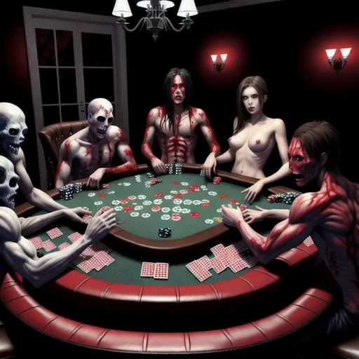 Prompt: bloody and gore shirtless Undead playing poker High quality, high resolution, amazing digital art of Zombies playing poker at a casino table