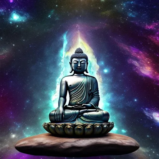 Prompt: labradorite buddha, widescreen, infinity vanishing point, galaxy background
