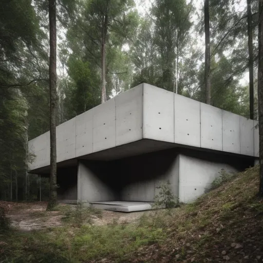 Prompt: concrete building in the Forrest 