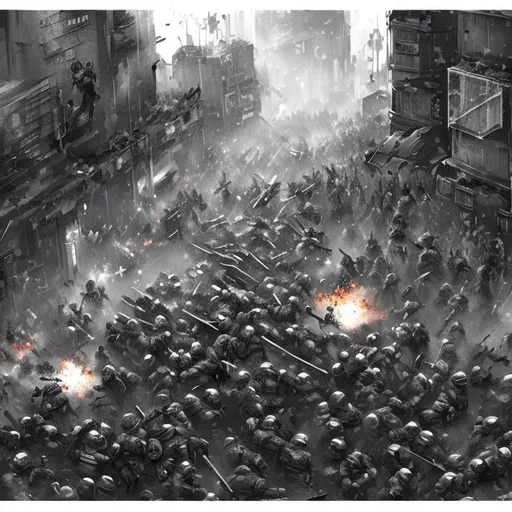 Prompt: monochrome, scifi, violent riot, big crowd, dense city, riot police, soldiers, shield wall, charge, fire, explosions