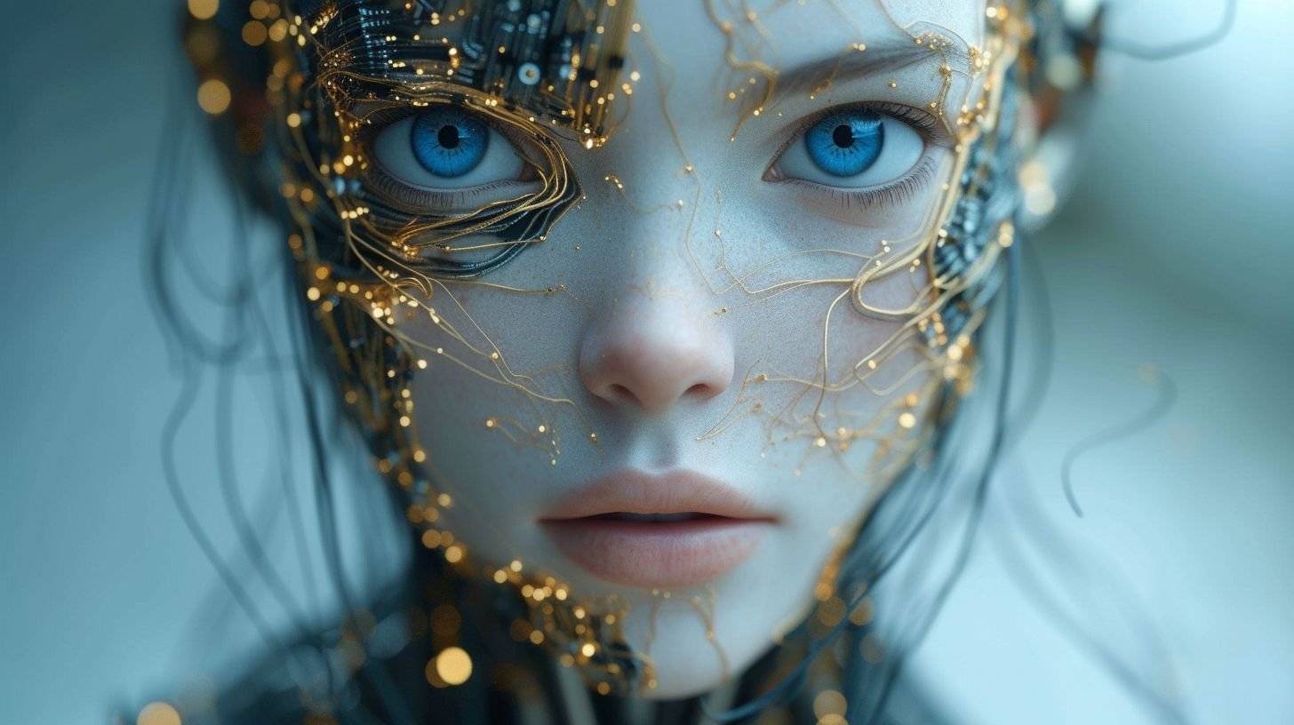 Prompt: Create a futuristic portrait of an advanced humanoid robot. The robot is adorned with a complex network of silver and gold wires forming an intricate circuitry pattern across the head and neck, resembling a high-tech crown. These wires should be set against the robot's smooth, matte black skin. The robot's eyes are a deep, glowing blue, with a sharp gaze that exudes intelligence and depth. The background is a subtle gradient from dark to light grey, focusing all attention on the robot, which is a blend of elegance, power, and advanced technology. The artwork should have a hyper-realistic quality, with a balance of shadow and light that highlights the textures and materials, making it appear tangible.