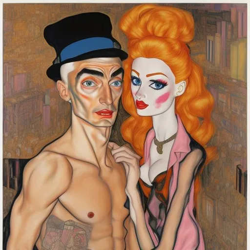 Prompt: Barbie asks Oppenheimer not to destroy the World, barbie is blond and without clothes, oppenheimer is in hat, by egon schiele, in graffiti style, full figure, detailed face, detailed clothing, detailed background