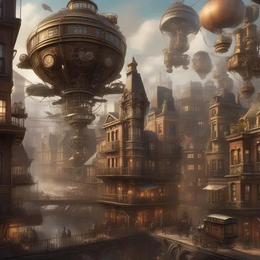 Prompt: Immerse yourself in the breathtaking vision of a bustling steampunk-inspired cityscape, crafted by the AI with intricate detail and imagination. Airships adorned with cogs and gears soar gracefully through the skies, while clockwork mechanisms power the city's machinery, causing a symphony of mesmerizing hums and whirrs. The architecture seamlessly blends Victorian elegance with mechanical ingenuity, with towering clock towers and ornate brass structures dominating the skyline. The streets are filled with a diverse cast of characters, donning steampunk fashion and accessories, adding life and depth to this AI-generated steampunk world.