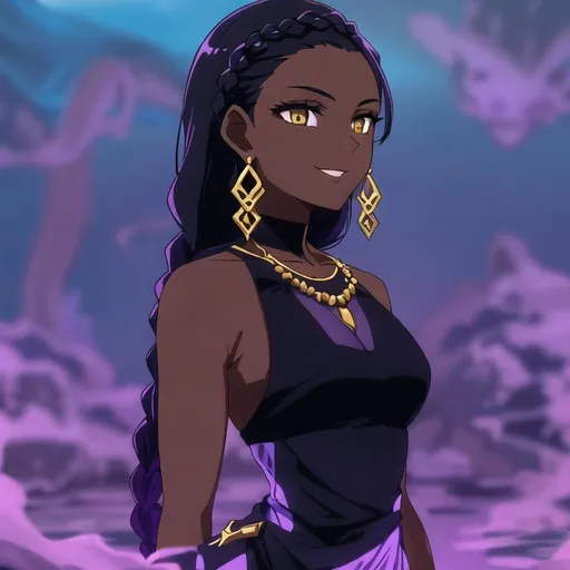 Prompt: Woman standing in water, black braided hair, dark skin, gold eyes, flowing purple dress, blue necklace, sassy smile, 