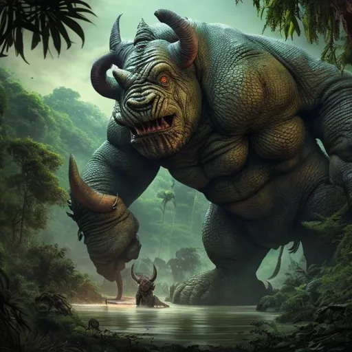Prompt: dense jungle, rancor, horns, rhino, demon, huge, massive
