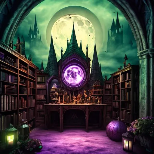 Prompt: HD, 4K, 3D, Stunning, magic, cinematic camera, two-point perspective, interior design,witch bedroom, ethereal, full moon outside, gorgeous gothic windows,bookshelf, cauldron, magic mirrors, light contrast, witchy ambient, purple and green sunstrails, moon glow, magic books 