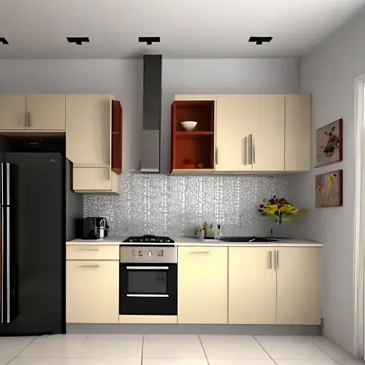 Prompt: kitchen with just one wall with refrigerator