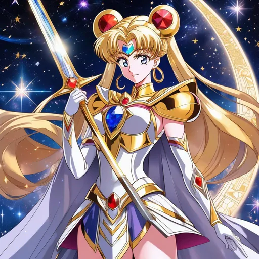Prompt: unzoomed, anime character, hyperdetailed anime illustration, omnipotent galactic ruler Eternal Sailor Moon, illuminated by a soft starlight, wearing colorful iridescent intricate detailed outfit decorated with diamonds gemstones gold silver and vibranium, standing in front of the galactic core, holding her silver sword firmly, she stands with a determined air, her gaze unwavering, godly, beautiful detailed eyes, confident expression, intricate clothes with engraved silver trim, absolutely astonishing, razor sharp focus, cosmic, mesmerizing, masterpiece, UHD, 16k, HDR, ((((best quality)))), ((((extreme details))))