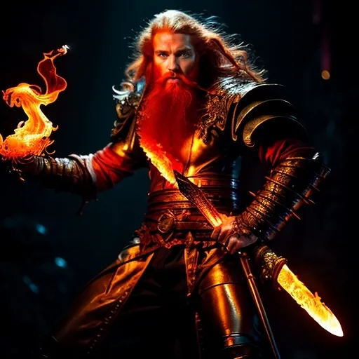 Prompt: Handsome, male light cleric with red hair and beard, clad in flame-designed heavy armor, wielding a flaming longsword, in an underdark setting, battle-worn, dim light, highres, detailed, fantasy, fiery tones, dramatic lighting