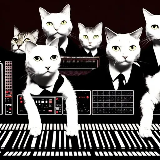 Prompt: Computer wallpaper of four cats playing modular synths like they were the band kraftwerk.  It should be darker colors like a concert