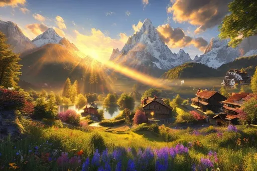 Prompt: Digital art, photorealistic, sunbeams going through clauds, swizz nature, alps, beautiful nature, use the golden ratiose to compose the picture, high detail, masterpiece, blue sky, swizz houses