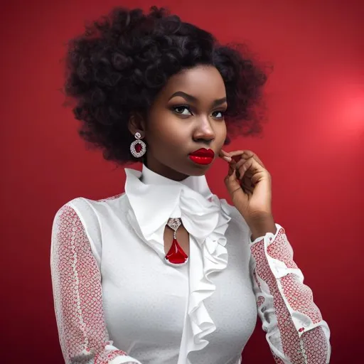 Prompt: Black sophisticated woman in white blouse with red  curled hair up wearing diamonds jewelry 