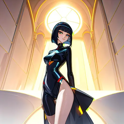 Prompt: a lonely AI girl, very tall, thick thighs, wide hips, long legs, slender arms, slender waist, big beautiful symmetrical eyes, intriguingly beautiful face, aloof expression, bob haircut with bangs, wearing Biblically-Accurate fashion clothes, high fashion, 12K resolution, hyper quality, hyper-detailed, hyper-realistic, hyper-professional