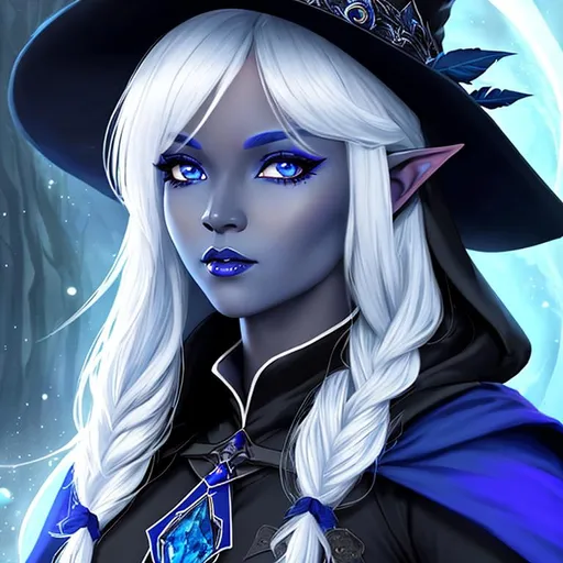 Prompt: half body portrait, female , elf, drow, blue skin, ((dark blue skin:0.6)), blue pointed ears, detailed face, detailed eyes, full eyelashes, ultra detailed accessories, detailed interior, magic school background, black cloak, black witch hat with feathers, black witch robes with white undershirt, white curly hair, short hair with side braid, bangs, dnd, artwork, dark fantasy, tavern interior, looking outside from a window, inspired by D&D, concept art, night time, ((looking away from viewer:0.3))