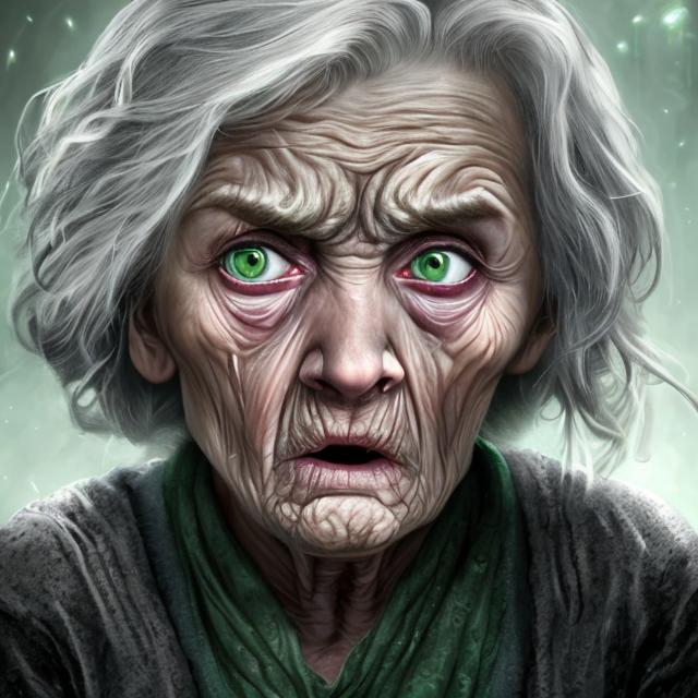 A realistic scared old woman, grey hair, green eyes... | OpenArt