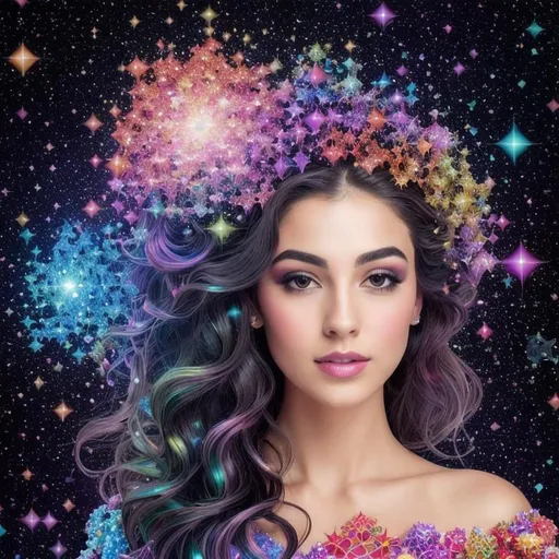 Prompt: multi colored julia clusters Fractal exists in the background knowledge of the multi colored voronoi surrounding the stars foreground knowledge of the world in A beautiful fantasy woman fully dressed,  glossy lips, highly detailed full body, just one head, long flowing black balayage hair, figure, shimmery background with stars and julia clusters newton fractals, crown on head, epic composition, ultra wide-shot, dynamic pose, concept art, dramatic lighting, digital painting, smooth, character design, ((sharp focus))