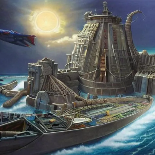 Prompt: A hyperrealistic painting of Atlantis, futuristic objects, somber