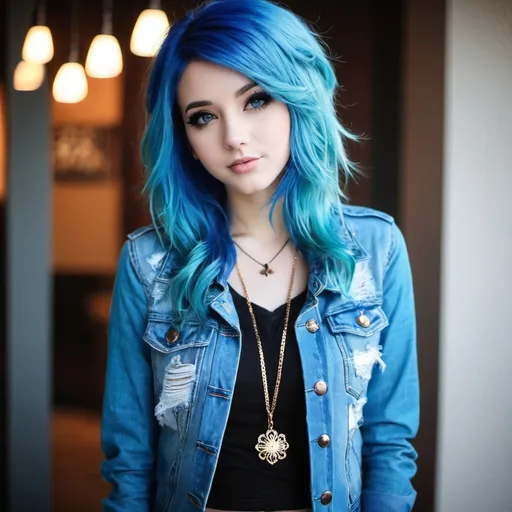 Prompt: alternative scene girl, blue hair, fashion clothes