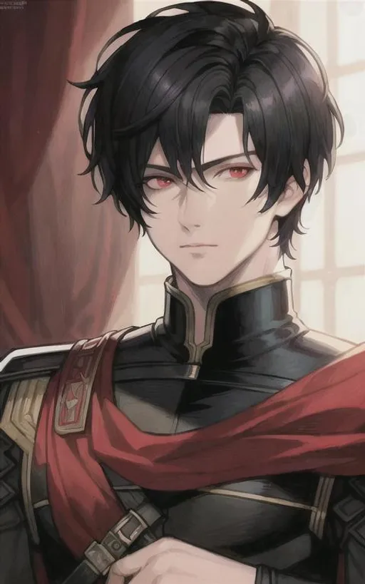 Prompt: (masterpiece, illustration, best quality:1.2), Male hero with short black hair, portrait, red eyes, 4k, hyperrealisitic, royal knight 