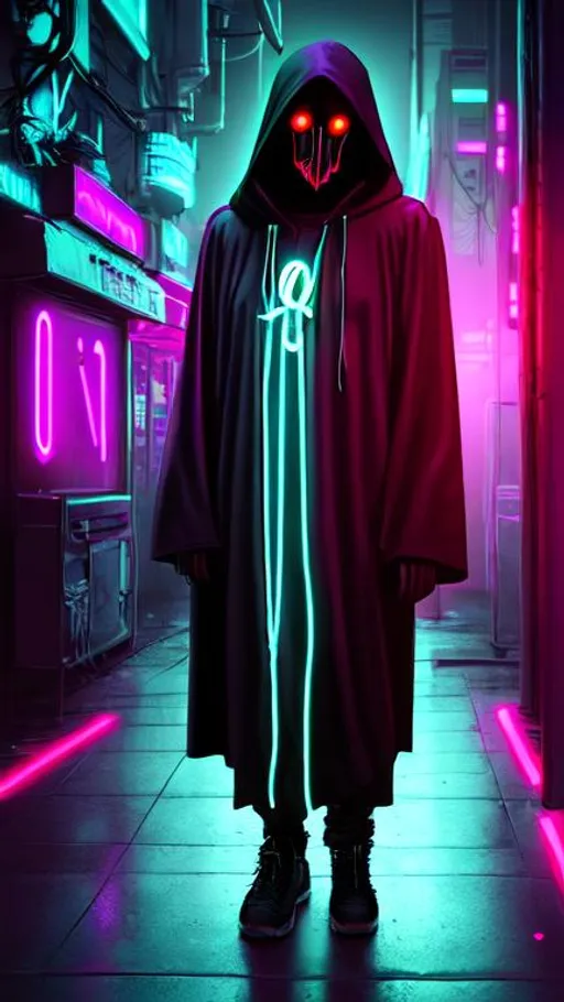 Prompt: Quality, hooded figure, selling their soul, neon back lighting, 8k, cyberpunk, forgotten scripture