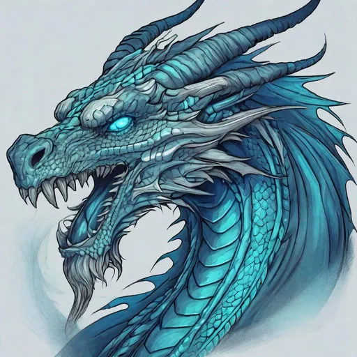 Prompt: Concept design of a dragon. Dragon head portrait. Coloring in the dragon is predominantly deep blue with cyan streaks and details present.