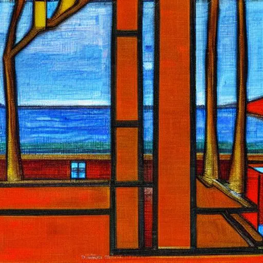 Prompt: Mondrian inspired picture with a beach