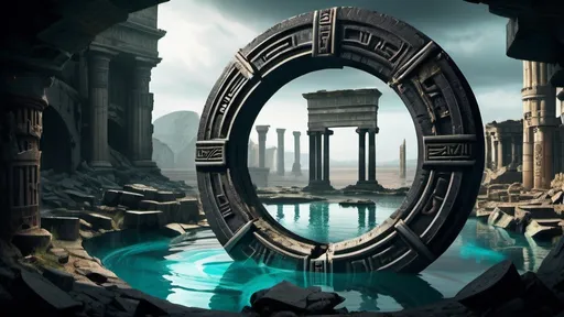 Prompt: magical portal between cities realms worlds kingdoms, circular portal, ring standing on edge, upright ring, freestanding ring, hieroglyphs on ring, broken ring, ruins, crumbling pillars, broken archways, ancient roman architecture, submerged underwater setting, panoramic view, futuristic cyberpunk tech-noir setting