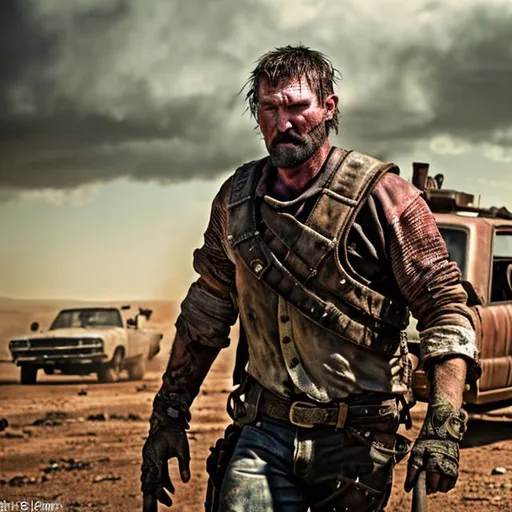 Prompt: **Redneck hillbilly with long black hair and black beard in the Mad Max wasteland, HDR, ultra realistic, Unreal Engine, Cinematic, Color Grading, Shot on 50mm lens, Ultra - Wide Angle, Depth of Field, hyper - detailed, beautifully color - coded, insane details, intricate details, beautifully color graded, Unreal Engine, Cinematic, Color Grading, Photography, Shot on 70mm lens, Depth of Field, DOF, Tilt Blur, Shutter Speed 1/ 1000, F/ 22, White Balance, 32k, Super - Resolution, Megapixel, ProPhoto RGB, VR, Lonely, Good, Massive, Halfrear Lighting, Backlight, Natural Lighting, Incandescent, Optical Fiber, Cinematic Lighting, Volumetric, Contre - Jour, Beautiful Lighting, Accent Lighting, Global Illumination, Screen Space Global Illumination, Ray Tracing Global Illumination, Optics, Scattering, Glowing, Shadows, Rough, Shimmering, Ray Tracing Reflections, Lumen Reflections, Screen Space Reflections, Diffraction Grading, Chromatic Aberration, GB Displacement, Scan Lines, Ray Traced, Ray Tracing Ambient Occlusion, Anti - Aliasing, FKAA, TXAA, RTX, SSAO, Shaders, OpenGL - Shaders, GLSL - Shaders, Post Processing, Post - Production, Cel Shading, Tone Mapping, CGI, VFX, SFX, insanely detailed and intricate, hypermaximalist, hyper realistic, super detailed, photography, 8k,** - 
